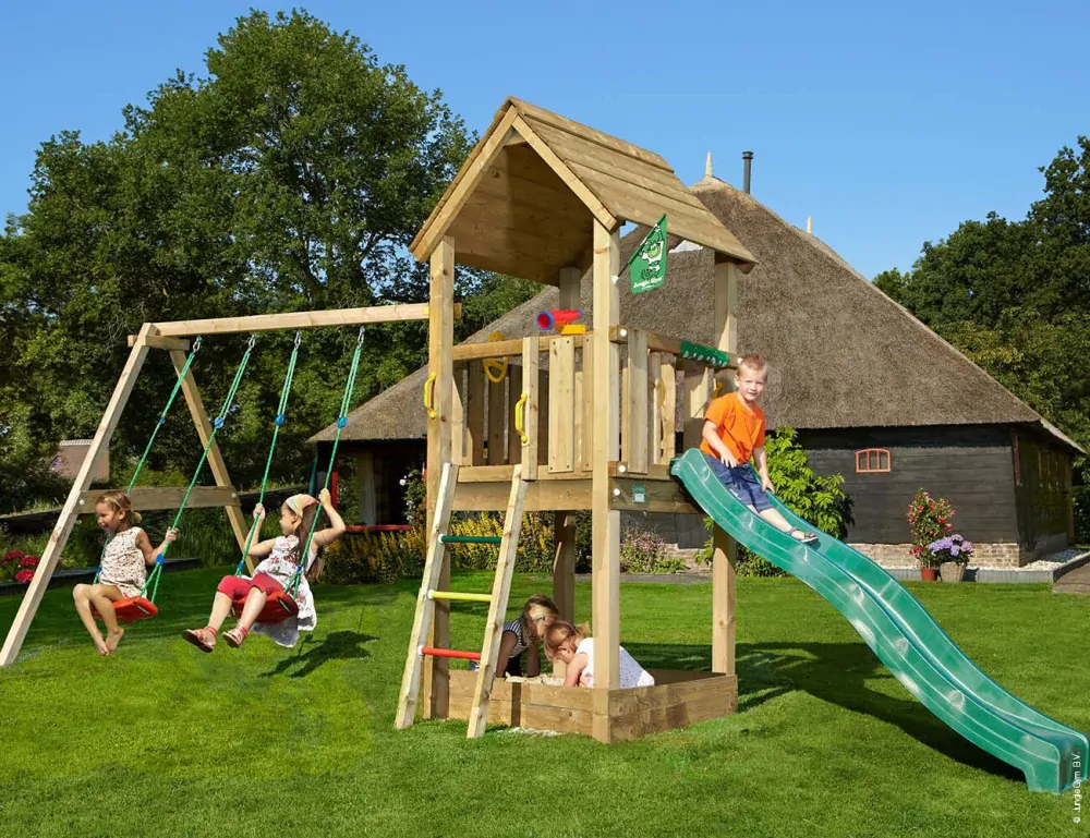 Drevený domček Club 2 + dvojhojdačka+ šmykľavka + pieskovisko + 4ks úchytky hojdačiek hojdačky. volant, telescop, hranoly 88x88mm