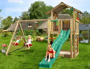 Detský drevený domček Chalet 2.1 + dvojhojdačka , šmykľavka, pieskovisko, lezecká stena, volant, teleskop, hranoly 88x88mm