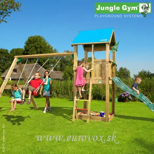  Drevený domček Jungle Castle + Dvojmiestna hojdačka 240cm  + ZDARMA 2ks hojdačka+volant a ďalekohľad 