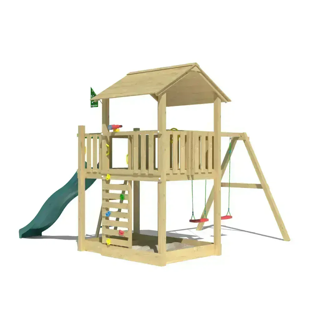 Detský drevený domček Chalet 2.1 + dvojhojdačka , šmykľavka, pieskovisko, lezecká stena, volant, teleskop, hranoly 88x88mm