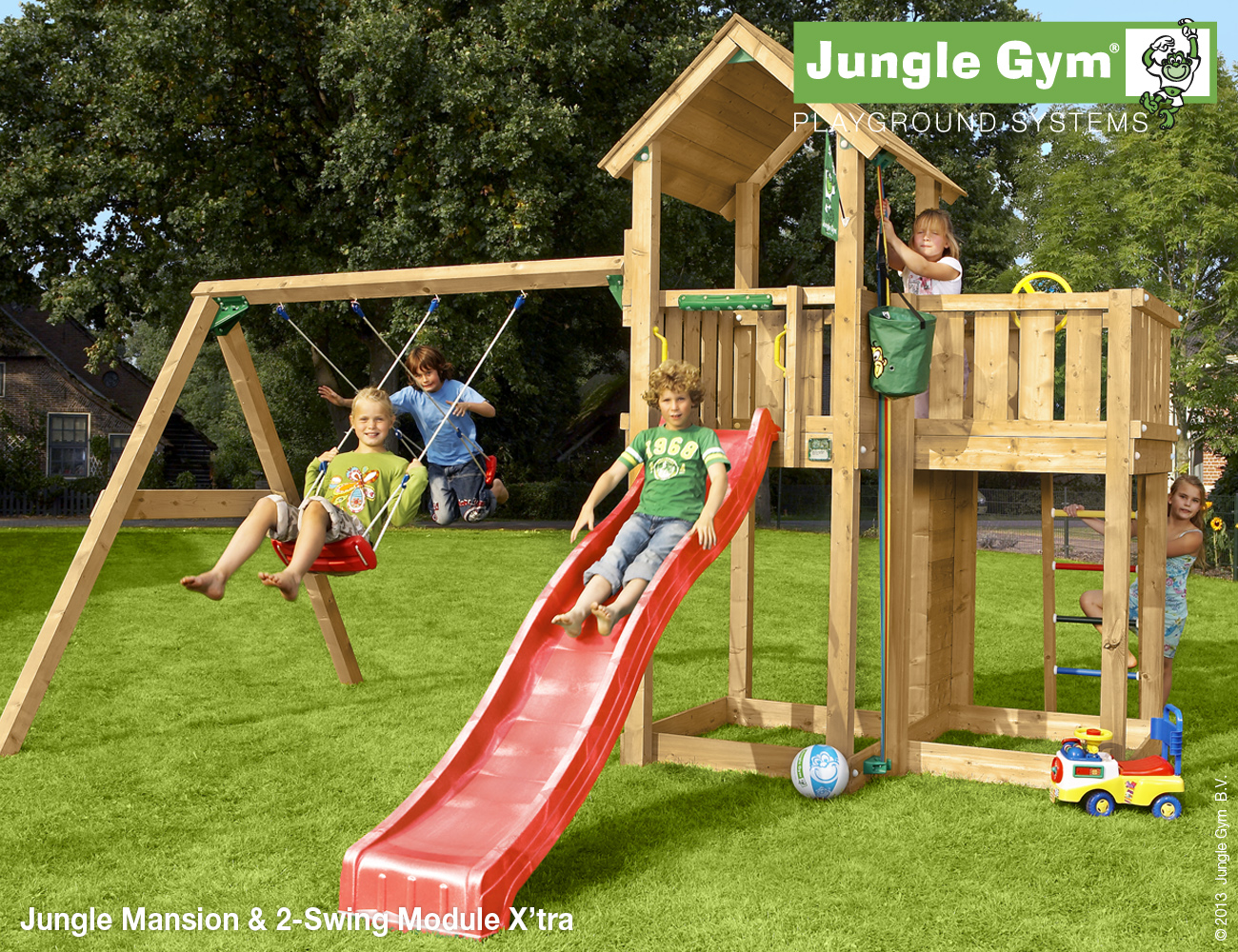 Jungle Mansion drevený domček + dvojmiestna hojdačka 270cm + 4ks úchytky type o   + ZDARMA 2ks hojdačiek + volant a ďalekohľad 