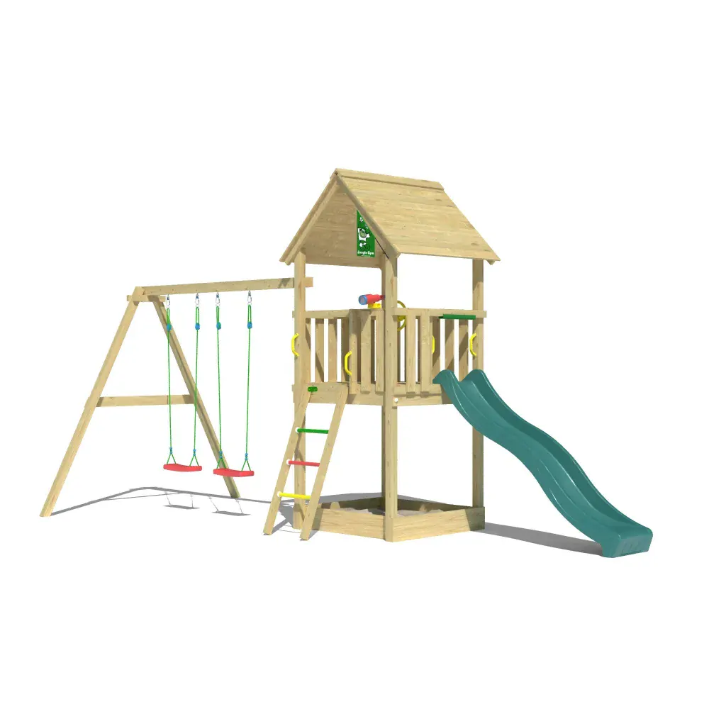 Drevený domček Club 2 + dvojhojdačka+ šmykľavka + pieskovisko + 4ks úchytky hojdačiek hojdačky. volant, telescop, hranoly 88x88mm