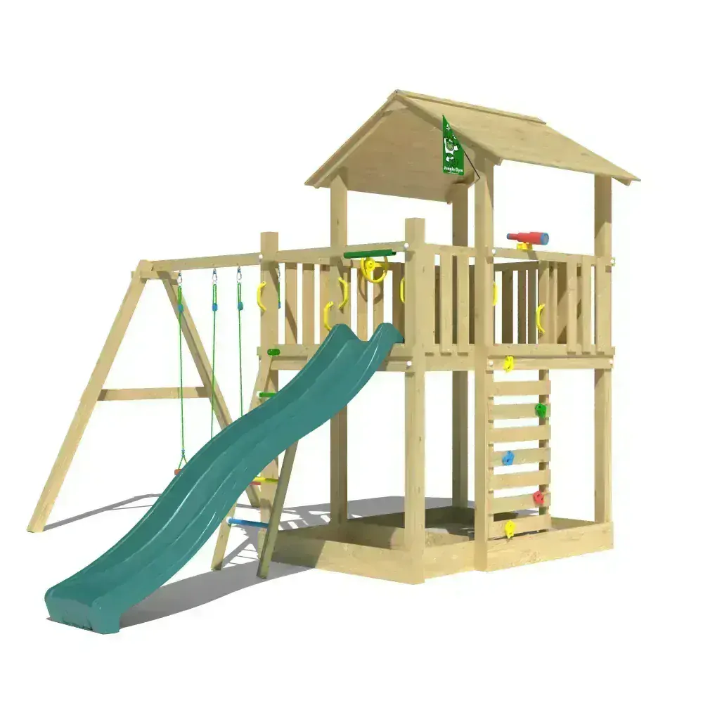 Detský drevený domček Chalet 2.1 + dvojhojdačka , šmykľavka, pieskovisko, lezecká stena, volant, teleskop, hranoly 88x88mm