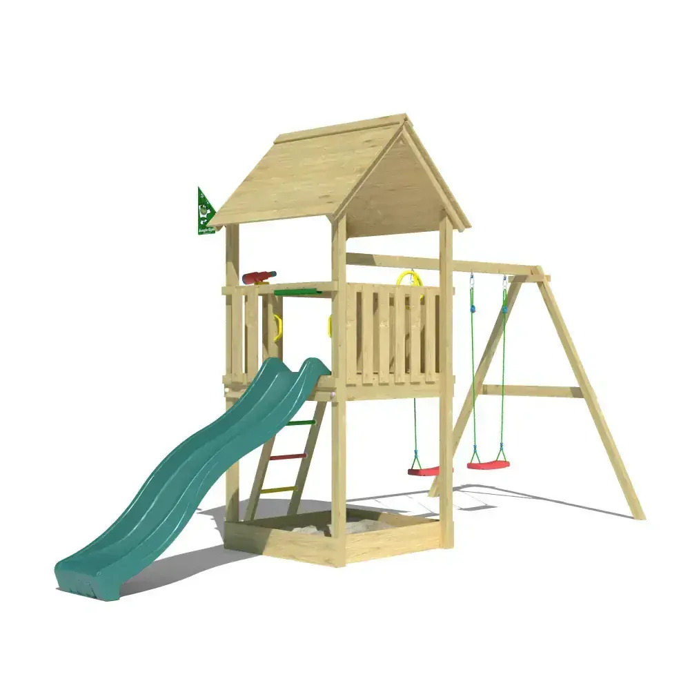 Drevený domček Club 2 + dvojhojdačka+ šmykľavka + pieskovisko + 4ks úchytky hojdačiek hojdačky. volant, telescop, hranoly 88x88mm