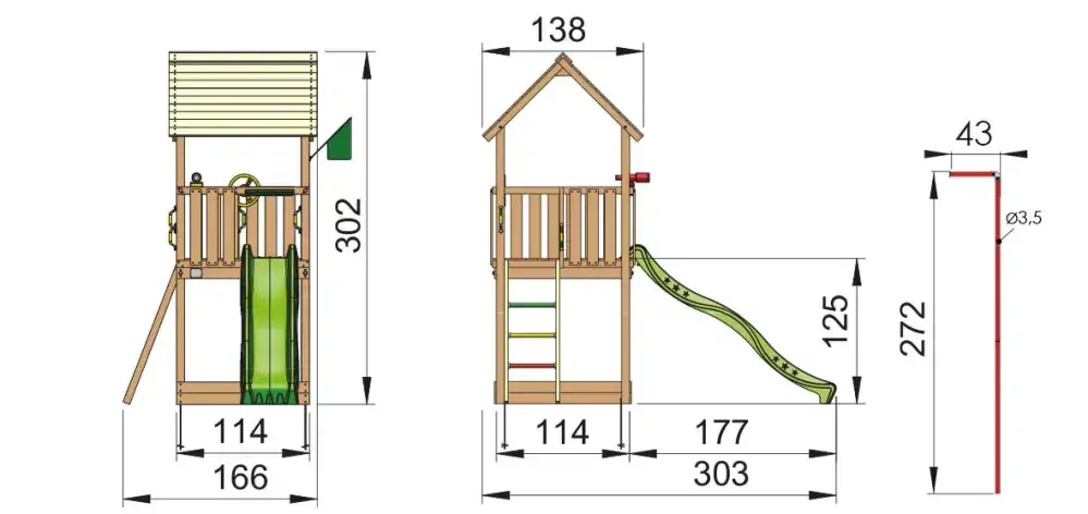 Drevený domček Club, šmýkačka, pieskovisko, volant, teleskop,  hranoly 88x88mm