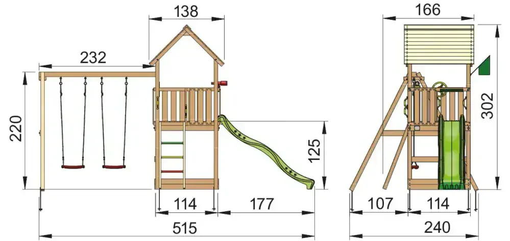 Drevený domček Club 2 + dvojhojdačka+ šmykľavka + pieskovisko + 4ks úchytky hojdačiek hojdačky. volant, telescop, hranoly 88x88mm
